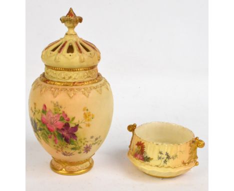 A Royal Worcester blush ivory twin handled bowl with fluted edge decorated with flowers, with puce mark to base "1013", diame