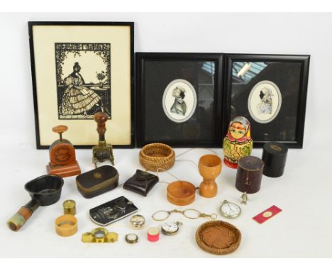 A quantity of collectors' items including a Chinese iron with jade ring to the wooden handle, a late Victorian mother of pear