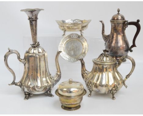 A group of various electroplated items including a teapot of panelled baluster form, with cast floral finial and insulated ha