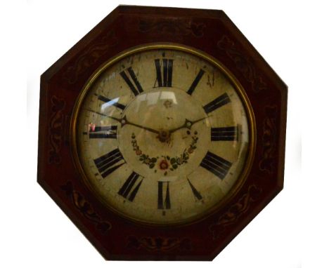 A mahogany cased postman's alarm clock of octagonal form, the circular enamel dial set with Roman numerals and with floral sp