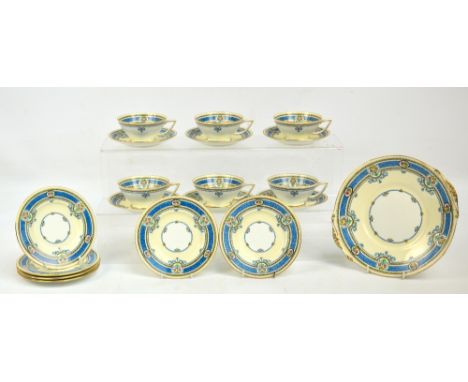 A Mintons H3727 pattern part tea set with decorative blue border and floral vignettes comprising six cups, saucers and plates