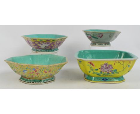 Four Chinese shaped footed bowls with turquoise glaze to interior, each painted in enamels with floral sprays, with ornamenta