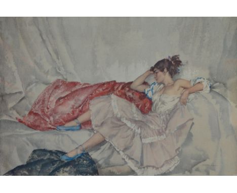 After WILLIAM RUSSELL FLINT (1880-1969); a limited edition coloured print, a woman sitting on a sofa, 334/850, with blind sta