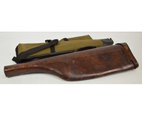 A vintage leather leg o' mutton gun case, length 79cm, and a khaki canvas example stamped "Sports Marketing Quality Products 