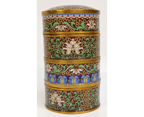 A Chinese cloisonné enamel decorated four sectioned stacking food vessel, each section and the top cover decorated with folia
