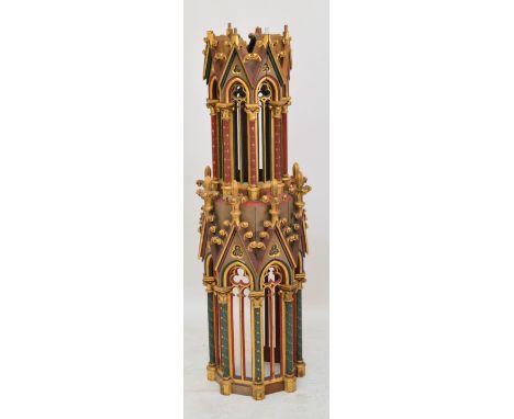 A 19th century polychrome painted Gothic capitol, probably an organ pipe cover with pierced trefoil decoration and scrolling 