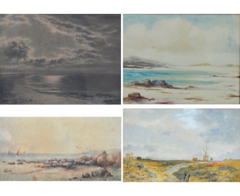 19TH CENTURY ENGLISH SCHOOL; watercolour, figure leading sheep on a path, unsigned, 24.5 x 34.5cm, two further watercolours a