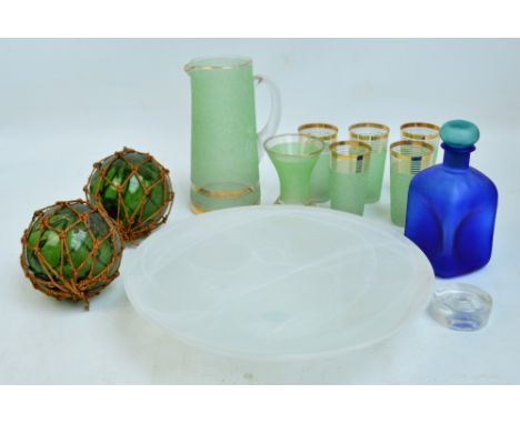 A small quantity of mixed glass comprising a large green textured jug, five tumblers, a matching vase, a Portmeirion white ri