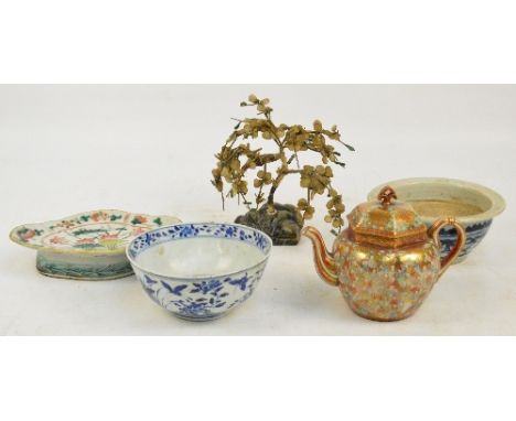 A Japanese Meiji period Satsuma lobed teapot, a gem tree, a late 19th century Chinese blue and white bowl (badly af), a small