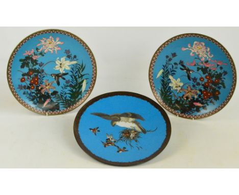 An opposing pair of Japanese Meiji period cloisonné enamelled decorated circular plates, each depicting a bird amongst variou