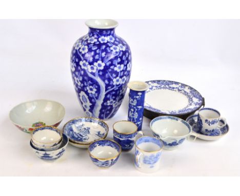 A quantity of predominantly 19th century Chinese blue and white teaware mainly tea bowls and saucers, also a single handled c