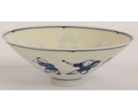 A Chinese blue and white fine porcelain conical bowl, the interior painted with a child holding a parasol, the exterior with 