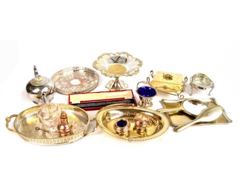 A quantity of electroplated items including a comport with pierced sides, three piece dressing table set, a Crown Devon sardi