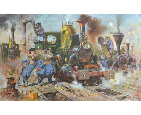 TERENCE CUNEO (1907-1996); a signed limited edition coloured print "The Running Sheds of the Great Caerphilly and Vole-Tail C