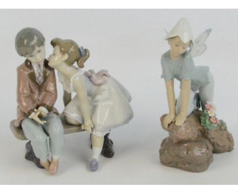 Two Lladro figures; a girl kissing a boy seated on a bench and a pixie kneeling on a rock with flowers (2). CONDITION REPORT: