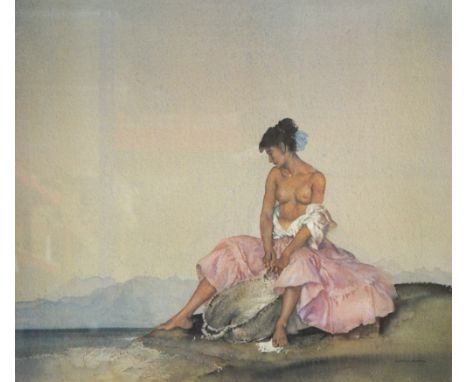 After WILLIAM RUSSELL FLINT (1880-1969); a limited edition coloured print, a semi nude female seated at a shoreline, holding 