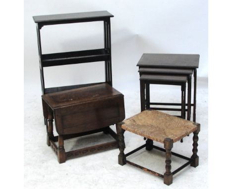 A nest of three occasional tables, a small bookcase, an oak table and a stool (4).