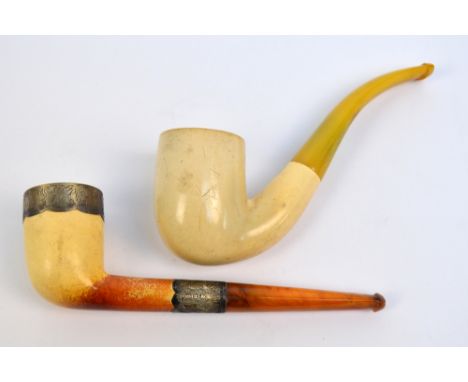 A cased Victorian hallmarked silver mounted meerschaum pipe with amber mouthpiece, Birmingham 1894, and a further similar Dun