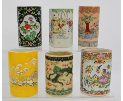 A group of six various Chinese ceramic bitong vases/brush pots, including a hexagonal Republic style example depicting boys p
