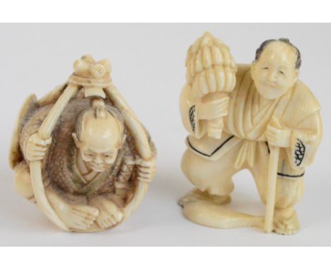 A Japanese Meiji period carved ivory okimono of a gentleman seated within a cage with hat and backpack by his side, signed to