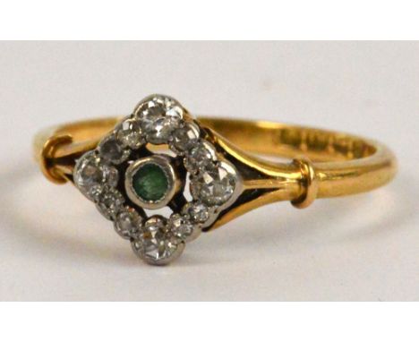 An 18ct yellow gold Art Deco style diamond and emerald ring, size M, approx 2.2g. CONDITION REPORT: Most of the diamond mount