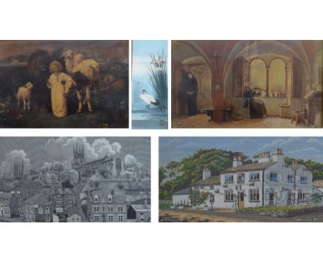 A Victorian crystoleum depicting Jesus amongst animals, 16.5 x 24.5cm, a further crystoleum depicting an interior scene with 