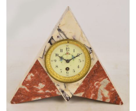 A French Art Deco marble triangular shaped mantel clock with circular dial set with Arabic numerals and painted with a floral