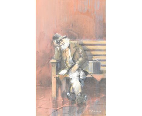 TOM BROWN (b.1933); pastel and ink, an elderly gentleman seated on a wooden bench beside his briefcase, signed lower right, 3