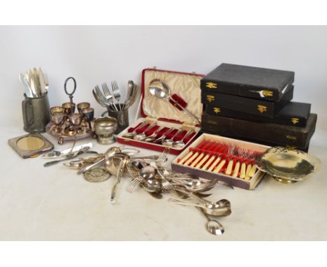 A quantity of electroplated items including an egg stand, photo frame, bonbon dish and flatware, also two pewter hammer decor