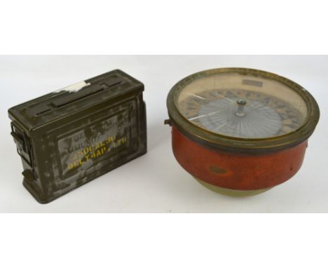A brass framed Kelvite 10" compass, inscribed "Dry Compass Card, Kelvin Bottomley & Baird Ltd Incorporating in Kelvin & Hughe