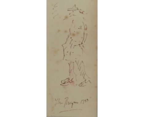 JOHN THOMPSON (1924-2011); pen and ink sketch of men smoking, signed and dated 1959, 17.5 x 6cm, framed and glazed. (D) CONDI