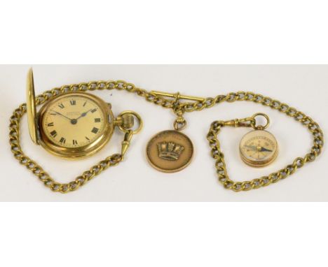 BENTIMA; a late 19th/early 20th century gold plated cased full hunter crown wind shock-proof pocket watch, the circular ename