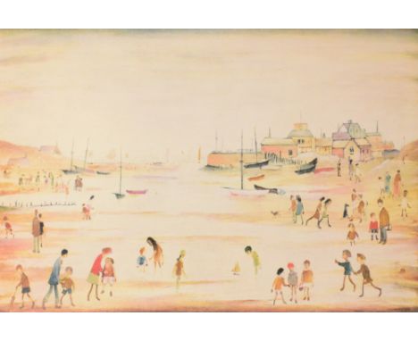 LAURENCE STEPHEN LOWRY (1887-1976); a signed limited edition coloured print "On The Sands", signed in pencil lower right, num