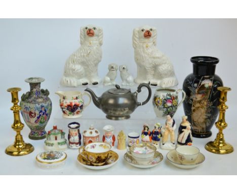 A group of various ceramics including a pair of Staffordshire spaniels and two further figures, a Royal Worcester candle snuf