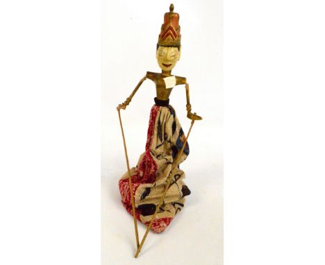 A Japanese Sempanie wooden rod puppet, height including later stand 49.5cm.