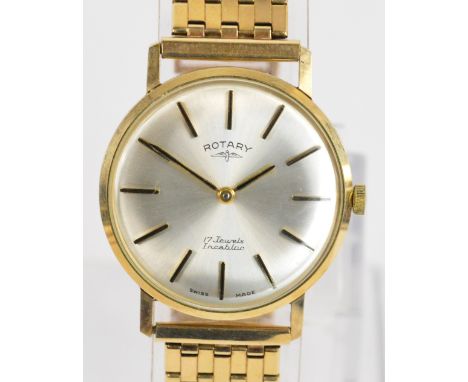 ROTARY; a 9ct yellow gold cased manual wind gentleman's wristwatch, the silvered circular dial set with baton numerals, on 9c