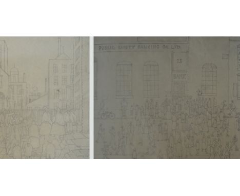 LAURENCE STEPHEN LOWRY (1887-1976); two limited edition black and white prints, "Bank Failure" and "Outside the Mill", both b