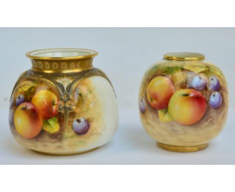 A small Royal Worcester vase of globular form, hand painted with apples and cherries, with gilt detailed rim and base, date c