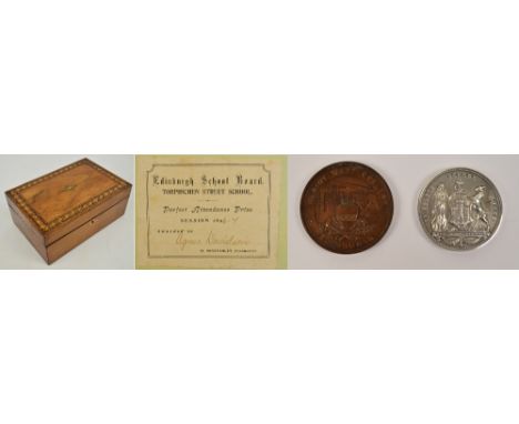 A late 19th century walnut trinket box with a marquetry border and lozenge centre, with pull out tray with label inscribed "E