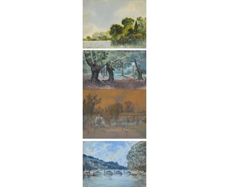 R. CADOGAN-ROTHERY; watercolour, river scene with bridge, signed and dated 1880, 26 x 37cm and three other decorative waterco