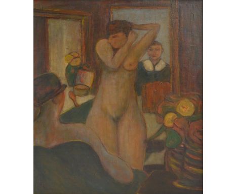 Attributed to COLIN MIDDLETON (1910-1983); oil on canvas "Private View", inscribed upper right "Colin M 48", 91.5 x 70cm, fra