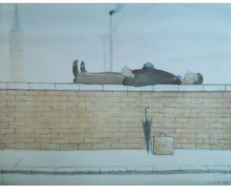 LAURENCE STEPHEN LOWRY (1887-1976); a signed limited edition coloured print "Man Lying on a Wall", signed in pencil lower rig