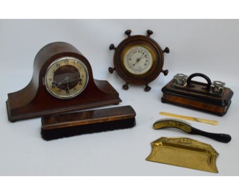 A small quantity of collectors' items comprising a wooden ink stand with square ink wells, pen troughs and a drawer, a brass 