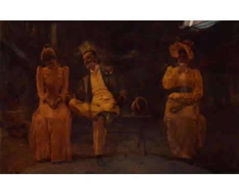 A Victorian crystoleum of a courting couple seated on a bench with a disapproving chaperone, 16 x 25cm, framed.