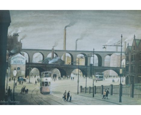 ARTHUR DELANEY (1927-1987); a signed limited edition coloured print, a figural street scene with trams and viaduct in backgro