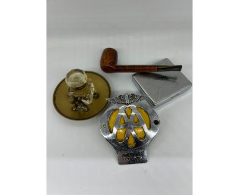 Mixed ephemera to include a brass inkwell and AA badge 