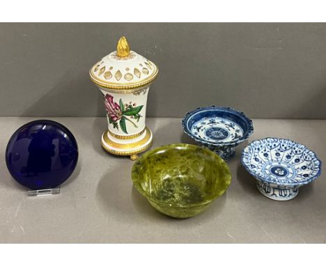A Spode jar signed cobalt blue pebble and blue and white footed dishes 