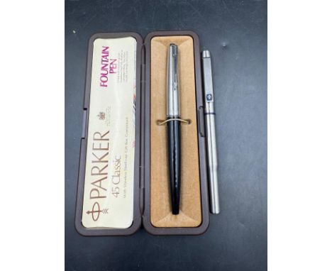 Two Parker pens, a 45 classic fountain pen and a roller ball 