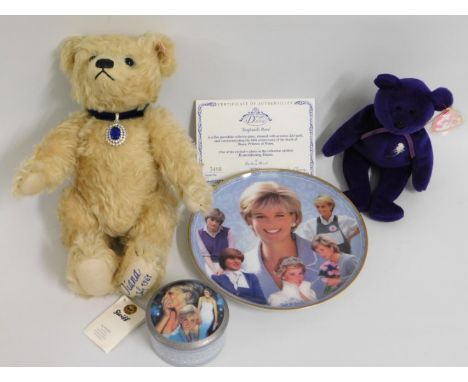 A Steiff commemorative 'Diana 1st July 1961' bear twinned with a commemorative plate & pot twinned with a Princess Diana orig