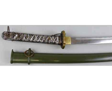 A reproductionWWll Japanese NCO sword Katana, with slightly curving 70cm fullered steel blade, pierced brass tsuba and white 